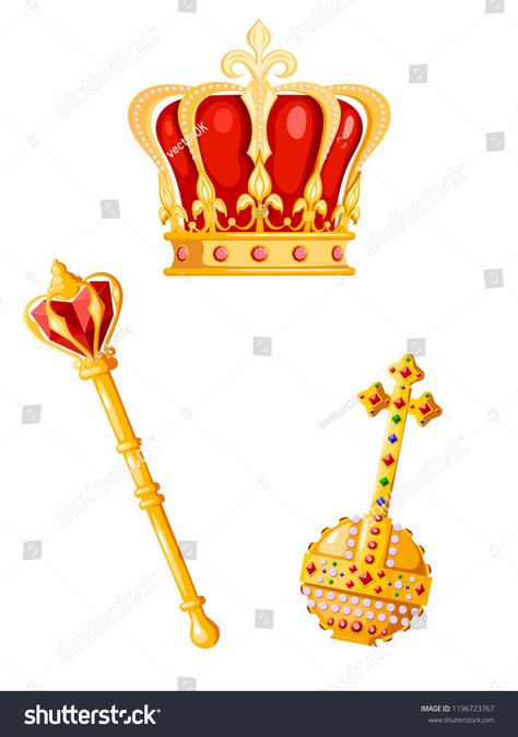 Crown, scepter and orb on a white background. Cartoon style. Vector illustration of royal attributes of power. Symbol of the monarchy.background#Cartoon#style#white Scepter Drawing, Royal Crown Drawing, Kings Crown Drawing, Gold Crown Drawing, Crown Illustration King, Golden Crown Logo, Golden Crown, Kings Crown, Texture Design