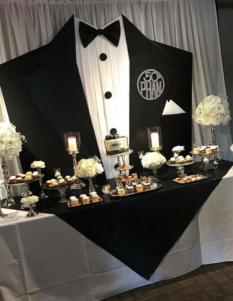 Black Tie Casino Party, Table Decoration For Men Birthday, Bow Tie Party Theme For Men, Tuxedo Party Theme, Male 60th Birthday Party Decorations, 70 Birthday Party Themes For Men, Men Decoration Party, Tuxedo Party Ideas, Black Tie Party Decorations Ideas