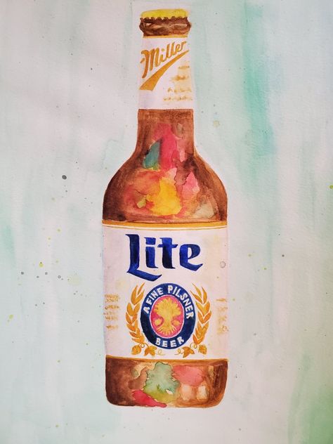 Watercolor by Serena DeLeon. Dedicated to my late friend Gabriel. Update: this painting was destroyed in a fire. I will work on recreating it and probably an entire series. Miller Lite Painting, Beer Watercolor, Lite Beer, Miller Lite, Art Food, Christmas Paintings, A Fire, Diy And Crafts, See More