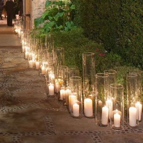 Lantern Walkway Wedding, Tall Flameless Candles, Candle Lights Wedding Decor, Candle Lit Walkway Wedding, Candles Walkway, Candle Outdoor Wedding, Outdoor Wedding Candle Decor, Engagement Party Candles, Candle Wedding Decorations