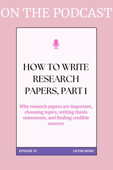 Writing a research paper is an important writing skill for homeschool students to learn and practice. In this episode of Homeschool Writing and Then Some, I discuss why research papers are important, how to choose a topic, how  to write a thesis statement, and where to find credible sources. Summer Writing Activity, How To Teach Writing, Writing A Research Paper, Writing Skill, Writing A Thesis Statement, Argumentative Essay Topics, Peer Editing, Homeschool Writing, College Writing