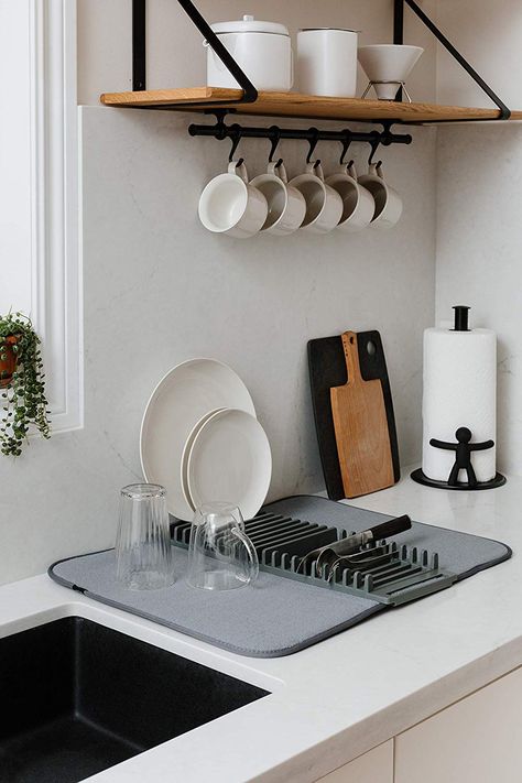 Amazon Shoppers Swear By This Super-Absorbent Dish Rack—and It's Just $11 Dish Racks Ideas, Kitchen Drainer Dish Racks, Dish Drying Ideas, Dry Dishes Rack Ideas, Kitchen Drying Mat, Dish Rack Drying Small Kitchens, Dish Drying Rack Space Saving, Dish Drainer Ideas, Dish Drainer Ideas Drying Racks