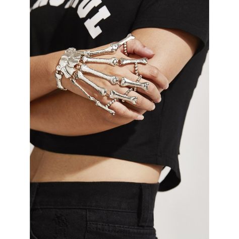 SheIn(sheinside) Hand Bone Design Bracelet With Finger Ring (19 PEN) ❤ liked on Polyvore featuring jewelry, bracelets, silver, bracelets bangle, silver bangles, silver jewellery, silver hinged bangle and silver hinged bracelet Skeleton Hand Bracelet, Skeleton Bracelet, قلادات متدلية, Finger Bracelets, Gothic Bracelet, Bones Bracelet, Latest Bracelets, Edgy Jewelry, Bracelets Design