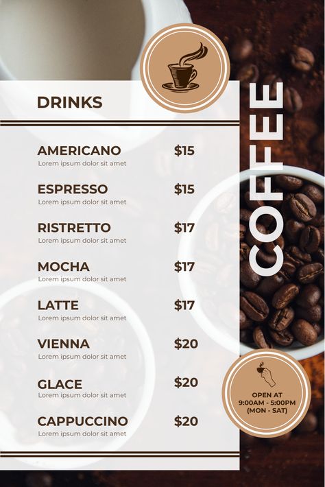 This menu template is great starting point for your next campaign. It is professional and earn you more attention, clicks, and customers. Simple Coffee Menu Design, Coffee Menu Design Ideas, Menu Design Ideas, Template Brown, Ideas Background, Menu Design Layout, Coffee Menu Design, Starbucks Wallpaper, Menu Design Inspiration