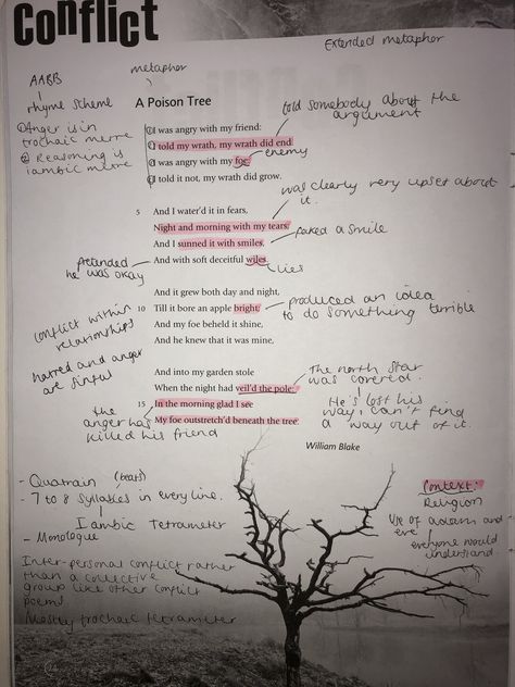 A Poison Tree- GCSE Power and Conflict poem annotation A Poison Tree Annotations, The Poison Tree, Poison Tree Aesthetic, Poison Tree Poem, Poem Annotation, A Poison Tree, Gcse Poems, High School Poetry, Poem Tattoo