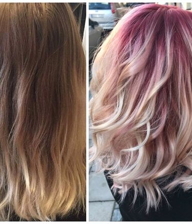 TRANSFORMATION: Low-Maintenance Dusty Pink Balayage - Hair Color - Modern Salon Fun Blonde Hair Color, Pink Shadow Root, Hair With Pink Highlights, Blonde Hair With Pink, Color Melting Hair, Blush Hair, Blonde Hair With Pink Highlights, Winter Blonde, Rose Gold Highlights