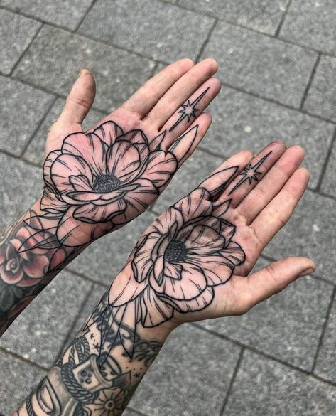 Moth On Hand Tattoo, Palm Tattoos Hand, Flame Hand Tattoo, Lotus Flower Hand Tattoo, Hand Tattoo Cover Up, Hand Palm Tattoos, Palm Tattoo, Left Arm Tattoos, M Tattoos