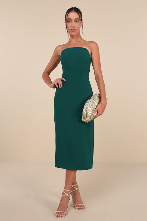 Green Dresses Formal, Emerald Green Midi Dress, Midi Dress Strapless, Emerald Dress, Dress And Shoes, Green Cocktail Dress, Emerald Green Dresses, Strapless Midi Dress, Kick Pleat