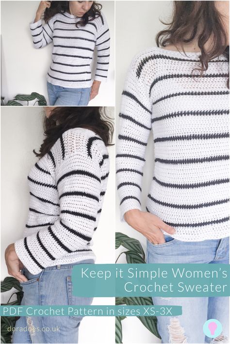 Keep it Simple Crochet Sweater Pattern. Stripy Women’s Crochet Jumper Pattern. Modern  Boat neck, close fitting Crochet pullover made with bamboo cotton Double Knit yarn in sizes XS-3X. Easy pattern for beginners wanting to try a first garment! #crochetpattern #crochetsweater #slowfashion #keepitsimple #womanscrochet Simple Crochet Sweater, Crochet Sweater Pattern Women, Crochet Jumper Pattern, Crochet Sweater Free, Simple Sweater, Jumper Pattern, Crochet Pullover, Crochet Sweater Pattern, Crochet Jumper