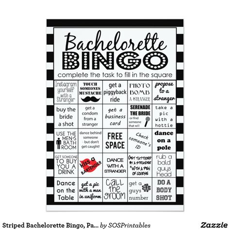 Striped Bachelorette Bingo, Party Game, Challenge Invitation Bachelorette Bingo, Bachelorette Party Activities, Bingo Party, Drinking Games For Parties, Challenge Games, Bar Games, Bachelorette Invitations, Bachelorette Party Games, Black Invitation