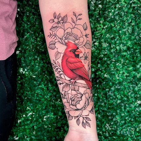 Manifest Tattoo Society | Cardinal tattoo by @bmac_tattoos #manifesttattoosociety #birdtattoo #cardinaltattoo #floraltattoo #stippletattoo #dfwtattooshop… | Instagram Cardinal Sleeve Tattoos For Women, Cardinal Tattoo Forearm, Rose And Cardinal Tattoo, Cardinal With Flowers Tattoo, American Traditional Cardinal Tattoo, Cardinal Memorial Tattoo, Cardinal Tattoo Black And White, Cardinal And Flower Tattoo, Manifest Tattoo