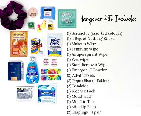 These kits come fully assembled and ready to help you and your crew recover!  Hangover kit includes:  (1) Hangover bag with a glitter cross (1) "I Regret Nothing" glossy badge of honour sticker (1) Mini tic tac (2) Advil tablets  (2) Pepto Bismol tablets  (1) Stain remover wipe (1) Makeup wipe (1) Antiperspirant wipe (1) Feminine wipe (1) Wet wipe (1) Mini lip balm (1) Mouthwash (1) Emergen-C powder packet (2) Earplugs - 1 pair (2) Bandaids (1) Scrunchie (1) Mini kleenex ★100% unbleached cotton muslin bags are 5" x 7" ★Brands of products may vary depending on availability. Want to personalize your hangover kit? Add extra supplies: https://www.etsy.com/ca/listing/1243213285/assembled-bachelorette-kit-add-ons?click_key=3568bd8a1cc40a840995524dda1becde002ef35a%3A1243213285&click_sum=1b58f357& Mini Hangover Kit, Bridal Hangover Kit, Hangover Remedy Kit, Hangover Gift Basket, Bachelorette Recovery Kit Ideas, Hang Over Kit Party Favors, Bachelorette Hangover Kit Ideas, Hangover Bag Ideas, Travel Goodie Bags For Adults