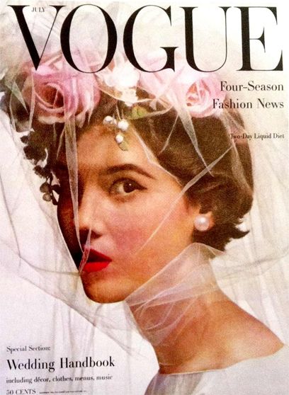 Vogue Cover July 1956, photograph of Dina Mori by Irving Penn.  "Wedding handbook" magazines have been around for a long time.  Flower wreaths are making a comeback, too, and this one looks great with a veil, but I certainly hope that the subheading for the "two-day liquid diet" never comes back into fashion. Look Gatsby, Vintage Vogue Covers, Irving Penn, Vogue Vintage, Flower Veil, Vogue Magazine Covers, Flowers In Her Hair, Vogue Archive, Fashion Cover