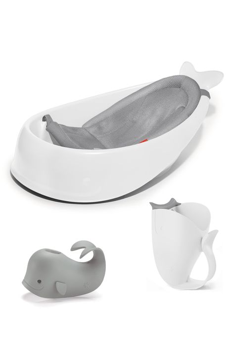 With a versatile, three-stage design, this baby bathtub is the only one you'll ever need to buy. The machine-washable mesh sling adjusts to the cushioned seat so your little one is comfortable and supported as they learn to sit. When baby can sit upright, just remove the sling for a spacious no-slip tub. A handy pitcher and a cheerful spout cover complete the bathtime fun. Includes adjustable tub, rinser and spout cover Tub is 13.6" x 10.3" x 7.9" Stage 1: Newborn (0–3 months; up to 15 lbs); Sta Baby Bath Items, Baby Tub, Toddler Bath, Bath Gift Set, Baby Bath Tub, Bath Gift, Bath Time Fun, Skip Hop, Body Support