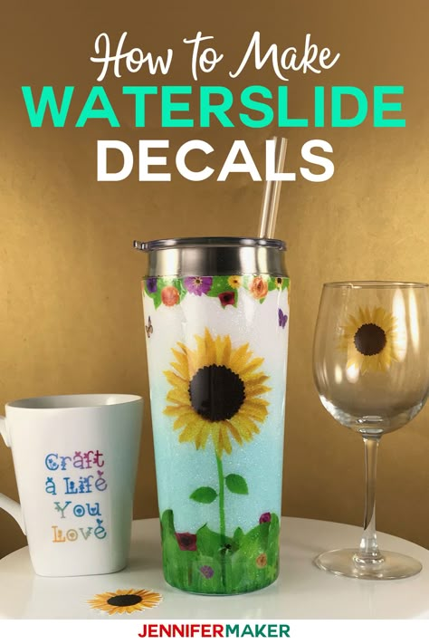 Waterslide Decal Tutorial: Tumblers, Mugs, and Glasses - Jennifer Maker Inkjet Waterslide Decal Paper, How To Make Water, Sublimacion Ideas, Waterslide Decal Paper, Water Slide Decals, Waterslide Paper, Glitter Tumbler Cups, Waterslide Decals, Wine Bottle Diy Crafts