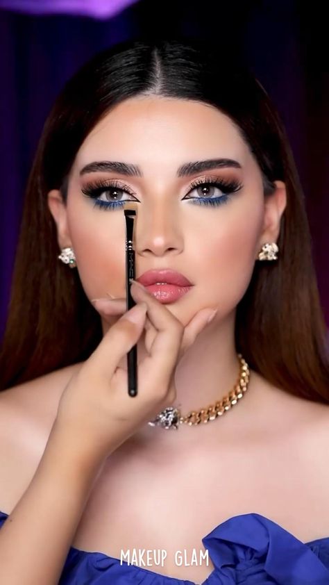 Eyeshadow Blue Dress, Royal Blue Dress Eye Makeup, Coral And Blue Eye Makeup, African American Women Makeup, Makeup Tutorial For Blue Dress, Blue And Gold Makeup Looks Simple, Makeup For Royal Blue Dress Prom, Makeup Ideas For Navy Blue Dress, Makeup On Blue Dress