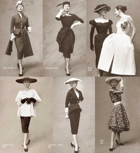 Paris-Spring-Summer season---Designer-dresses-1951 Fashion In 1950s Style, Paris 1950 Fashion, 1950s Designer Fashion, French 1950s Fashion, Retro Era Fashion, 50s Fashion Design, 1950s Paris Fashion, 1050s Fashion, 50s Balenciaga