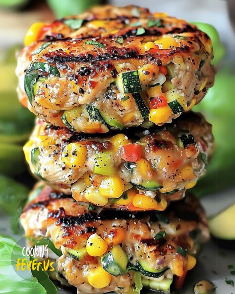 Chicken, Zucchini and Fresh Corn Burgers Chicken Corn Zucchini Burgers, Zucchini Corn Cakes, Low Meat Recipes, One Pan Chicken With Charred Corn And Zucchini, Chicken Zucchini And Corn Burgers, Chicken Veggie Burgers, Mini Zucchini Burgers, Chicken Zucchini Burgers, Zucchini Dishes Dinners