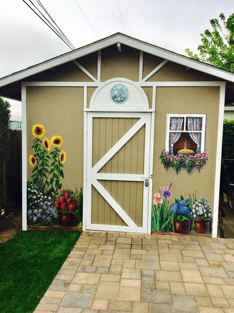 Painted Garden Sheds, Renovation Facade, Garden Shed Ideas, Painted Shed, Shed Decor, Shed Ideas, Garden Mural, Backyard Shed, Fence Paint