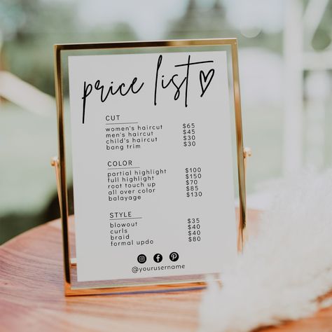 "This price list template features a modern design and it's perfect to display your price list for your customers and match to your branding! You can edit the text, font color, background color to add your own accent and match to your event style! 100% editable price list with digital download! This template can be edited through Corjl.com, a free online tool that allows you to personalize your designs right after purchasing and instant download them! ----------------------------- TRY THE DEMO! Price List Board Design, Small Cute Salon Ideas, Price List Display Ideas, Pop Up Shop Price List Ideas, Cute Salon Studio Ideas, Pricing Signage Display Ideas, Diy Price List Board, Company Promotion Ideas, Floral Salon Decor