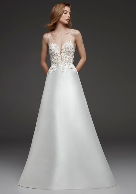 Atelier Pronovias | Caitlin Beaded Two-Piece Mikado Wedding Dress | Designer Bridal Room Silk Mikado Wedding Dress, Mikado Wedding Dress, Wedding Dresses Kleinfeld, Wedding Dresses Classy, Big Wedding Dresses, Modest Bridal Gowns, S Wedding Dress, Pronovias Wedding Dress, Bow Wedding Dress