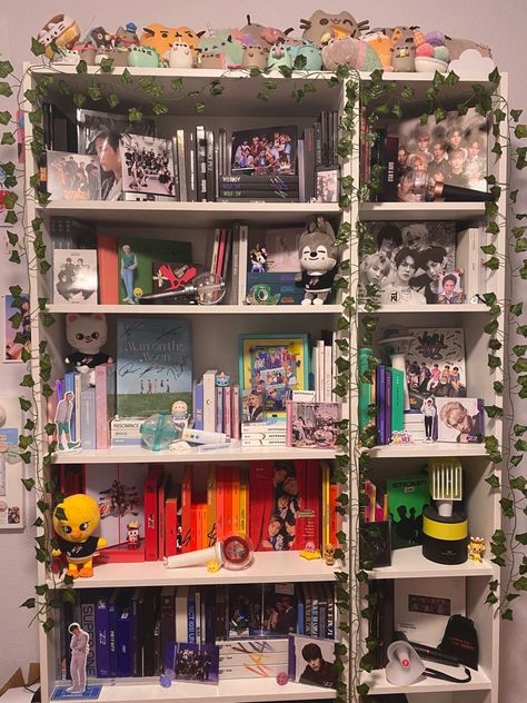 Skz Album Shelf, K Pop Collection Aesthetic, Kpop Shelves Aesthetic, Aesthetic Kpop Bedroom Ideas, Bedroom Decor Kpop, Kpop Room Shelf, Kpop Collection Shelf, Kpop Room Aesthetic Shelf, Maximalist Kpop Room