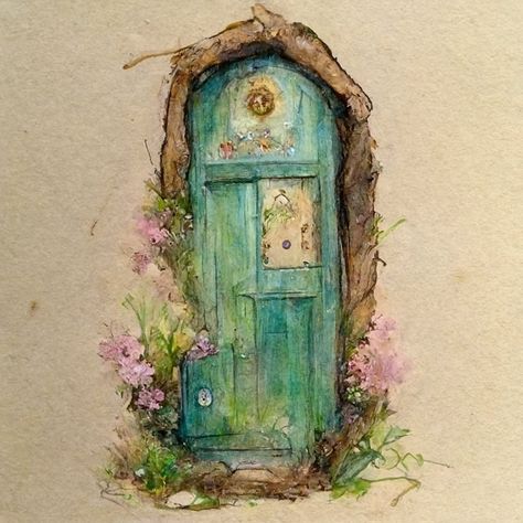 Fairy Theme Drawing, Magical Watercolor, Fairy Core Art, Fairy Prints, Mushroom Door Painting, Magical Door, Watercolor Fairies, Cottage Core Painting Ideas, Watercolor Fairy Art