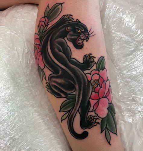 Traditional Panther Tattoo, Red Flower Tattoos, Black Panther Tattoo, Cupid Tattoo, Neo Tattoo, Traditional Tattoo Flowers, Traditional Rose, Leopard Tattoos, Hibiscus Tattoo