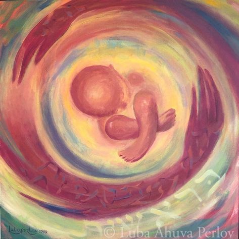 Creation of the world and development of the child in the mother's womb. Future child learns all the Torah during the mother's pregnancy, surrounded with the great hug of the womb's walls and a hug from Above. Breishis (Genesis)- first word of Torah, meaning "in the beginning". This is the beginning of the life in my painting. I painted the original in acrylic. Please order 24x24 if you want the original painting size. This is high quality artistic reproduction on canvas or on paper printed by a Paintings About Healing, Forgiveness Painting, Baby In Womb Art, Womb Drawing, Womb Painting, Art With A Meaning, Painting With Meaning, Baby Illustration Art, Pregnant Painting