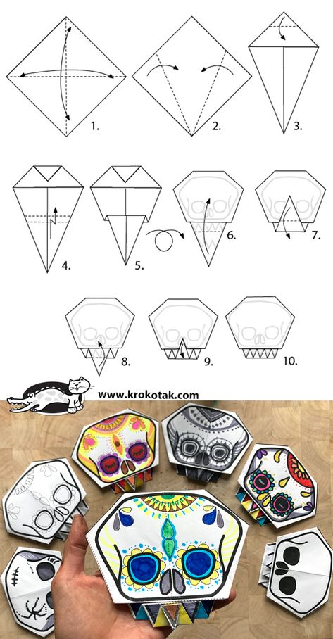 krokotak | EASY SKULL ORIGAMI Spooky Origami, Halloween Origami Easy, Origami Skull, Holiday Origami, Origami Halloween, Halloween Origami, Class Art Projects, Origami And Kirigami, Origami Patterns