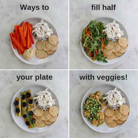 Ways to Fill Half Your Plate with Veggies - Learn how to put nutrition advice into practice, with practical tips about how to eat more veggies. #itsavegworldafterall #nutrition Half Veggie Plate, Half Plate Vegetables, Ways To Eat More Vegetables, Starch Solution Recipes, Healthy Eating Plate, Veggie Plate, Eat More Veggies, Simple Lunch, Healthy Plate