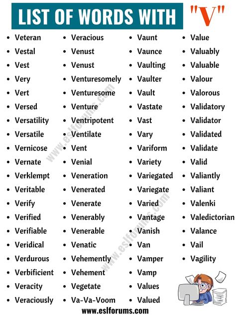 Words that Start with V | List of 260+ V Words in English with ESL Pictures Acronyms Words, Scrabble Tips, Best Scrabble Words, Acronym Words, Scrabble Words, V Words, Korean Language Learning, Interesting English Words, Good Vocabulary Words