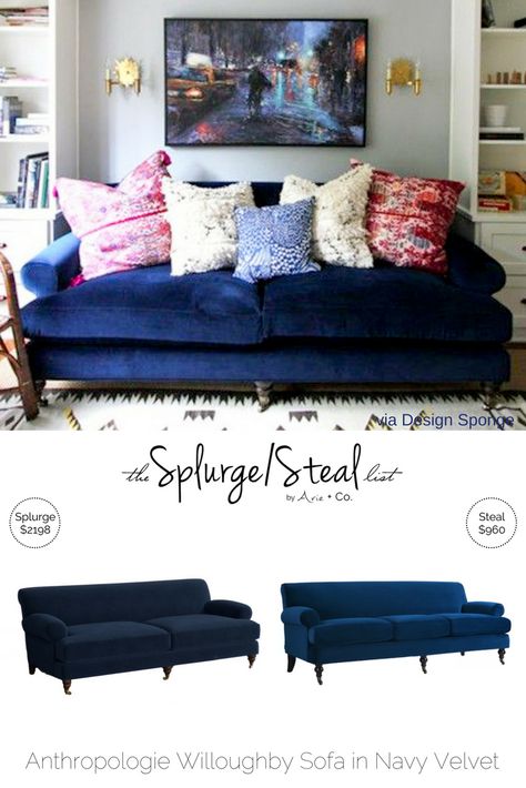 Navy Blue Velvet Sofa Living Room Ideas, Living Room Ideas Navy Couch, Navy Blue Velvet Couch, Couch Redo, Blue Velvet Sofa Living Room, Bright Cushions, Gray Transition, Navy Blue Couches, Velvet Couch Living Room