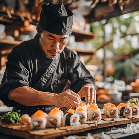 "Sushi Chef Working: A skilled #SushiMaster carefully prepares fresh sushi rolls at a traditional #JapaneseCuisine #CulinaryArts restaurant. #Gourmet #AIimage #StockPhotography ⬇️ Download and 📝 Prompt 👉 https://stockcake.com/i/sushi-chef-working_356680_380835". Japanese Catering, Traditional Japanese Restaurant, Chef Working, Sushi Shop, Sushi Master, Apple Christmas, Asian Restaurant, Chef Work, Sushi Chef