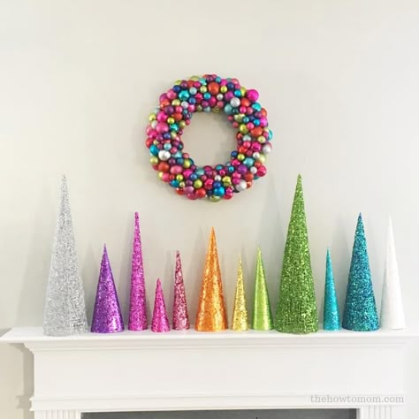 Glittery Christmas Tree Cones DIY Rainbow Cone Trees, Tree Cones Diy, Christmas Tree Cones Diy, Christmas Balls Diy, Christmas Tree Cones, Cones Diy, Colorful Christmas Decorations, Rainbow Christmas Tree, Glitter Christmas Tree