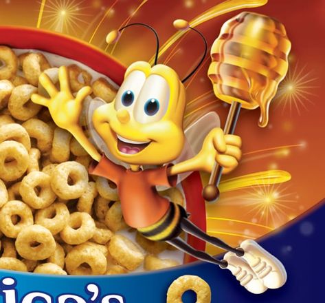 Honey Nut Cheerios - mascot is an bee, designed for the first commercials in New York City. The bee did not have a name until 2000, when Kristine Tong, a fifth grade student, won a national contest to name the bee, dubbing him "BuzzBee",  later shortened to Buzz. Buzz also appeared as the host in the Honey Nut Cheerios Spelling Bee game, which was named after the breakfast cereal. Buzz has been portrayed by several different voice actors. He was originally voiced by Arnold Stang until 1990. Cheerios Uniform, Cereal Mascots, Honey Smacks Cereal, Cheerios Peanut Butter Honey, Honey Cereal, Bee Games, Honey Nut Cheerios, Buzz Bee, Spelling Bee