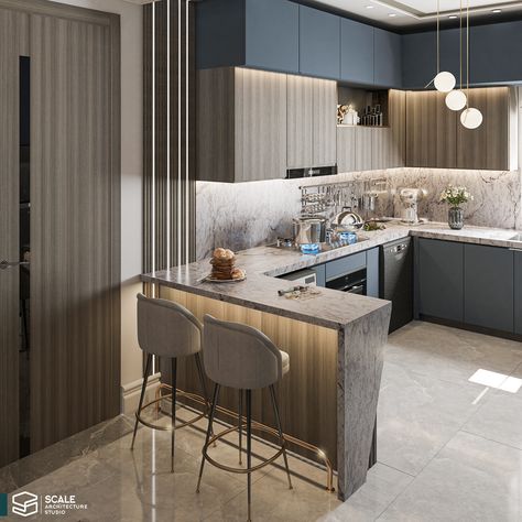 𝐋𝐢𝐯𝐢𝐧𝐠 𝐑𝐨𝐨𝐦 𝐰𝐢𝐭𝐡 𝐊𝐢𝐭𝐜𝐡𝐞𝐧 on Behance Luxury Breakfast Counter Design, Open Counter Kitchen, Modern Kitchen With Breakfast Counter, Breakfast Counter In Kitchen Modern, Open Kichen Desine Idea Modern, Break Fast Counter, Modern Breakfast Counter, Breakfast Counter Design, Breakfast Counter In Kitchen