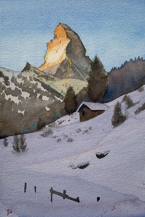 "Matterhorn sunrise" by Shelly Du. Paintings for Sale. Bluethumb - Online Art Gallery Small Easy Drawings, Cottage Painting, Sunrise Painting, Watercolour Landscape, Watercolor Mountains, Impressionism Art, Nature Art Painting, Original Landscape Painting, Art On Paper