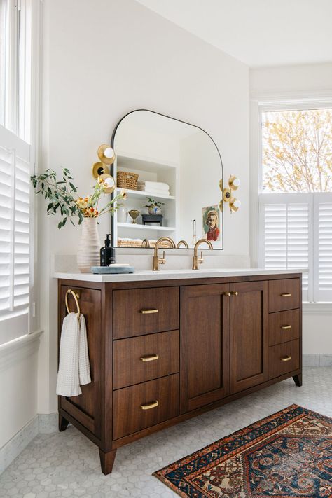 Bathroom Brass Fixtures Interior Design, Bathroom With Persian Rug, Good Fixtures Bathroom, Bathroom With Black And Brass Fixtures, Boho Bathroom With Black Cabinets, Brown Wood Bathroom Vanity, Black And Antique Brass Bathroom, Walnut Cabinets Bathroom, Modern Tudor Bathroom