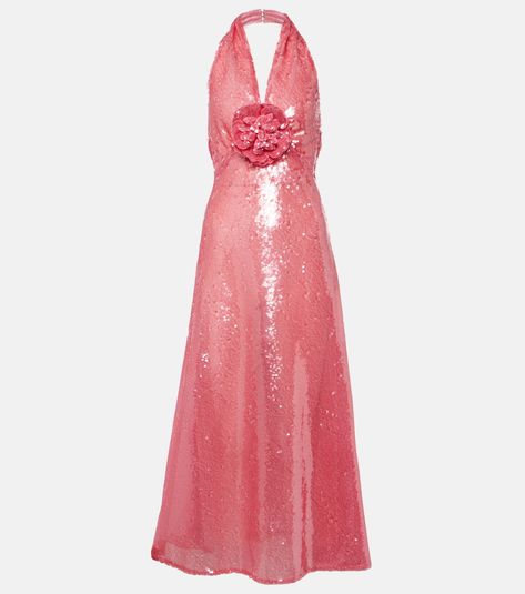 Floral-appliqué sequined midi dress in pink - Rodarte | Mytheresa Rodarte Dress, Knitwear Style, 70s Vibes, Midi Dress Style, Printed Summer Dresses, Luxury Women Fashion, Silk Gown, Silk Midi Dress, Silk Maxi Dress