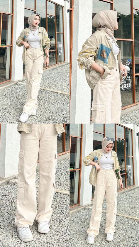 Cargo Cream Pants Outfit, Ide Outfit Simple, Ootd 90s Style Hijab, Cargo Style Outfit Ideas, Ootd Celana Cream, Ootd Cargo Pants Hijab, Ootd Vintage Hijab Casual, Ootd 90s Style, Outfit Vintage Hijab