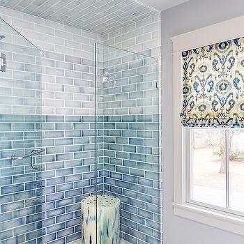 Blue Ombre Ceramic Shower Tiles Ceramic Shower Tile, Blue Shower Tile, Tile Tub, Tile Tub Surround, Ombre Rug, Coastal Glam, Shower Tiles, Shower Door Handles, Subway Tiles Bathroom