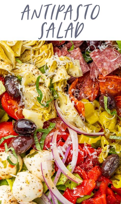 This delicious antipasto salad features all your Italian antipasto favorites in a refreshing, flavorful salad. With plenty of salami, prosciutto, and pepperoni, plus mozzarella balls, tomatoes, olives, roasted red peppers, pepperoncini, and red onion, tossed in a quick and easy Italian vinaigrette. Whole 30 Antipasto Salad, Antipasto Salad Healthy, Antipasto Dressing Recipes, Bucca Di Beppo Antipasto Salad, Best Antipasto Salad Recipe, Anti Pesto Salad, Antipasto Salad With Lettuce, Antipasto Salad Pasta, Italian Salads Antipasto