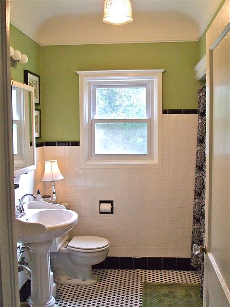 My "New Old Bathroom" from my blog debrapaesslerdesigns.com Rounded Ceiling Corners, 1920s Bungalow Bathroom, Rounded Ceiling, 1950 House, 1940s Wallpaper, Walnut Ceiling, Curved Ceiling, New Old House, Bathroom Tiling