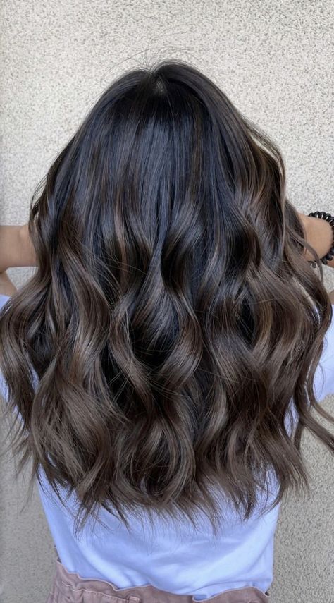 Dark Brunette Hair Blue Eyes, Hair Colour Inspiration Brunette, Mocha Black Hair, Black Hair Light Brown Balayage, Ashy Chocolate Brown Hair Balayage, Darker Hair Ideas, Neutral Brown Balayage On Dark Hair, Mahogany Brown Balayage, Dark Babylights