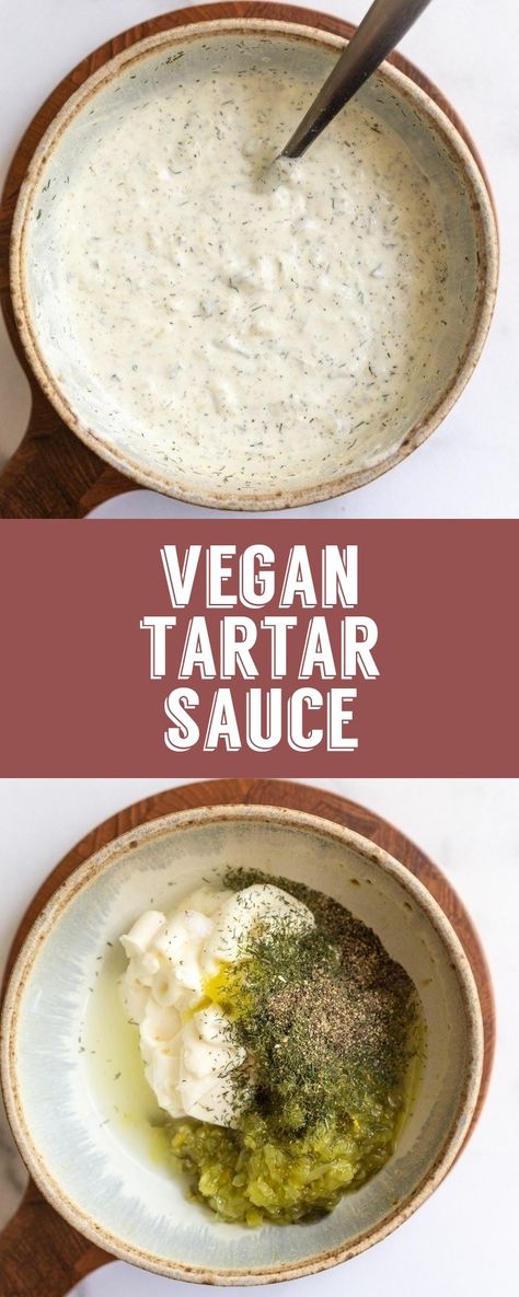 Vegan Tartar Sauce Recipe- this vegan sauce recipe is SO MUCH better than the store bought version. #vegan #veganrecipe #homemade Vegan Tartar Sauce, Make Tartar Sauce, Vegan Crab Cakes, Vegan Sauce Recipes, Vegan Alfredo Sauce, Vegan Crab, Sauce Tartare, Vegan Sauce, Vegan Alfredo