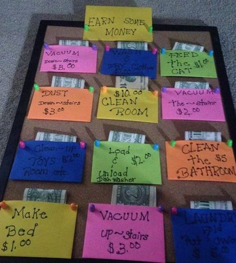 Kids always asking for money? Try this chore chart instead! So smart! Kid Chores, Chore Chart Ideas, Chore Ideas, Chore Board, Smart School House, Smart Hacks, Kids Chores, Family Chore Charts, Weekly Chores