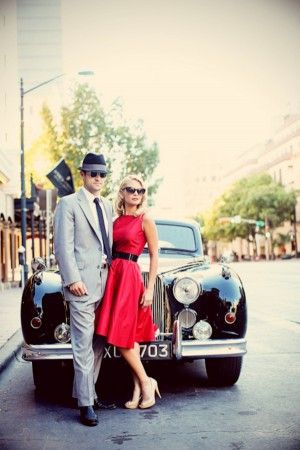 1950s Glamour Engagement Session | Photography by via Elizabeth Anne Designs Retro Engagement Photos, 1950s Glamour, Vintage Engagement Photos, Classic Rolls Royce, Rockabilly Wedding, Vintage Attire, Engagement Pic, Elizabeth Anne, Vintage Photoshoot