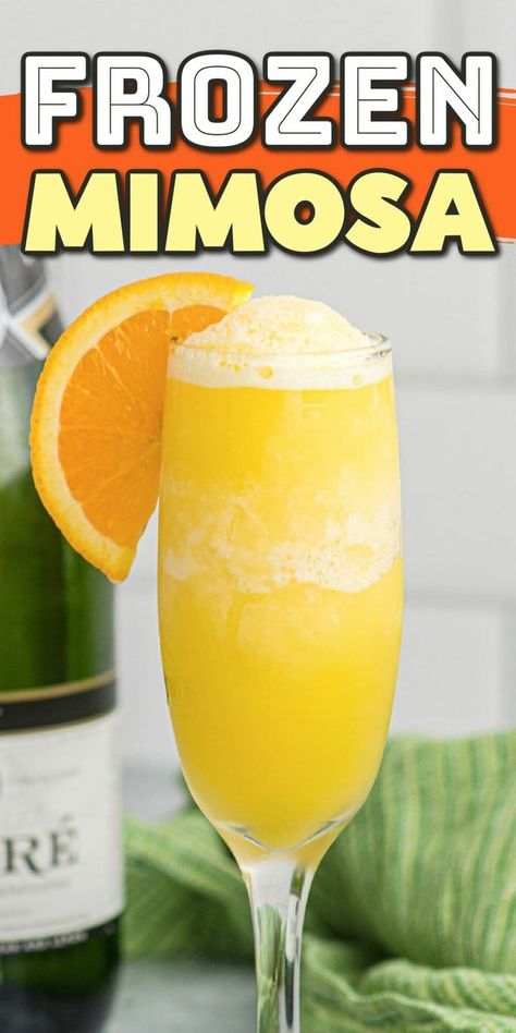 Frozen Orange Juice Mimosa, Blue Mimosa Recipe, Frozen Mimosa Recipe, Frozen Mimosa, Wine Slushie Recipe, Bubbly Brunch, Mimosa Drink, Strawberry Mimosa, Slushy Drinks