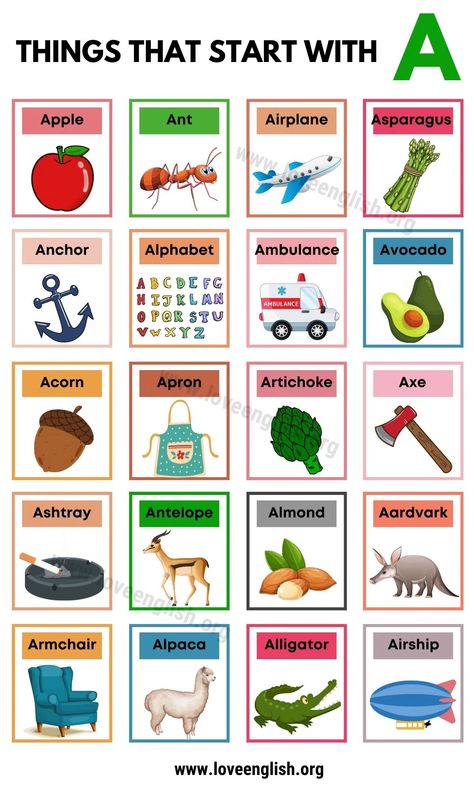 50 Best Things That Start With A In English - Love English A To Z With Pictures, Things Start With Letter A, Things That Start With A, Objects That Start With Letter A, Words Starting With A, Summer Alphabet, Phonics Ideas, Basic Vocabulary, Apple Kindergarten